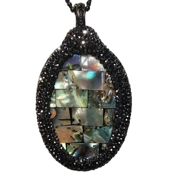 Abalone Shell and Pave Drop Pendant Necklace 16" - Picture 2 of 4